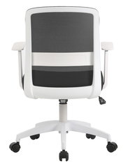 Rückansicht eines modernen Drehstuhls mit weißem Rahmen und schwarzer Netzrückenlehne.