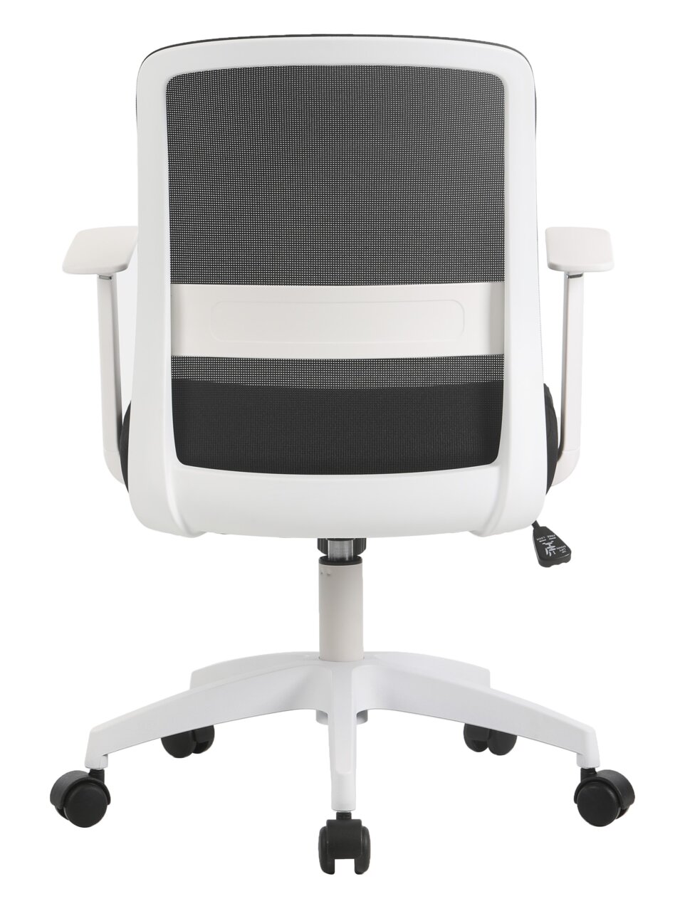 Rückansicht eines modernen Drehstuhls mit weißem Rahmen und schwarzer Netzrückenlehne.