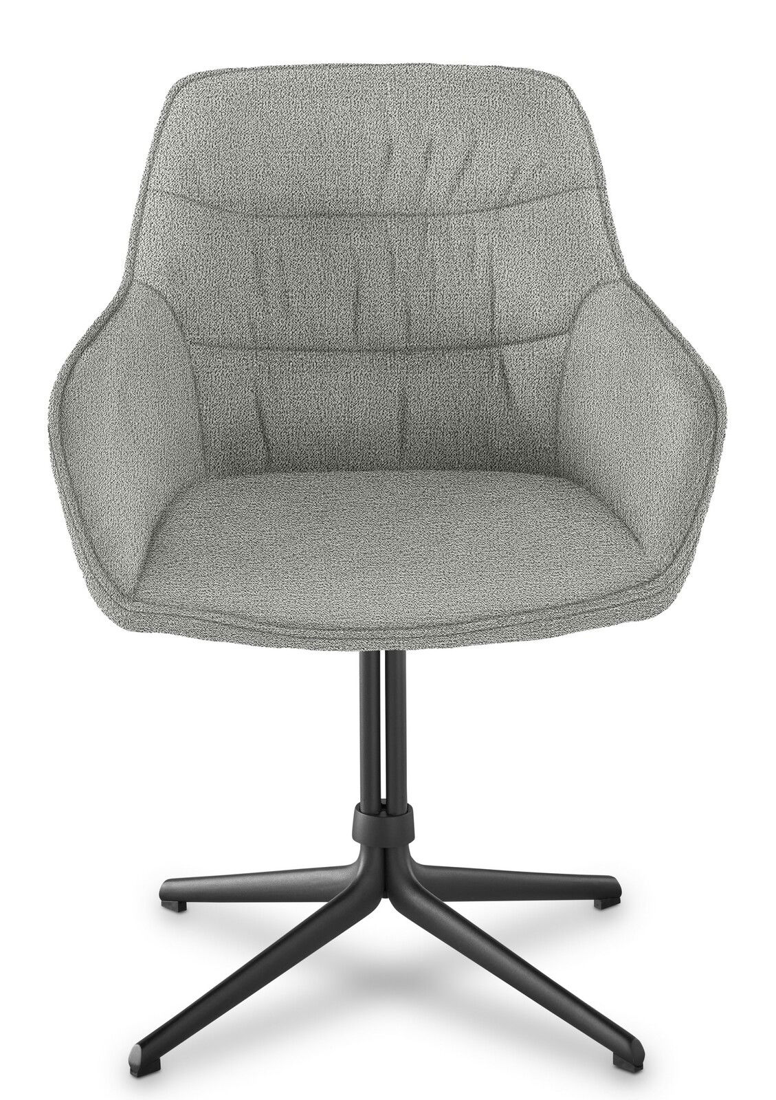 Grauer Armlehnstuhl mit schwarzem Metallfuß, Frontalansicht