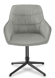 Grauer Armlehnstuhl mit schwarzem Metallfuß, Frontalansicht