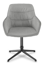 Grauer Armlehnstuhl mit schwarzem Metallfuß, Frontalansicht