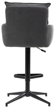 Rückansicht eines modernen Barhockers mit schwarzem Gestell und gepolsterter Rückenlehne in grauem Stoff.