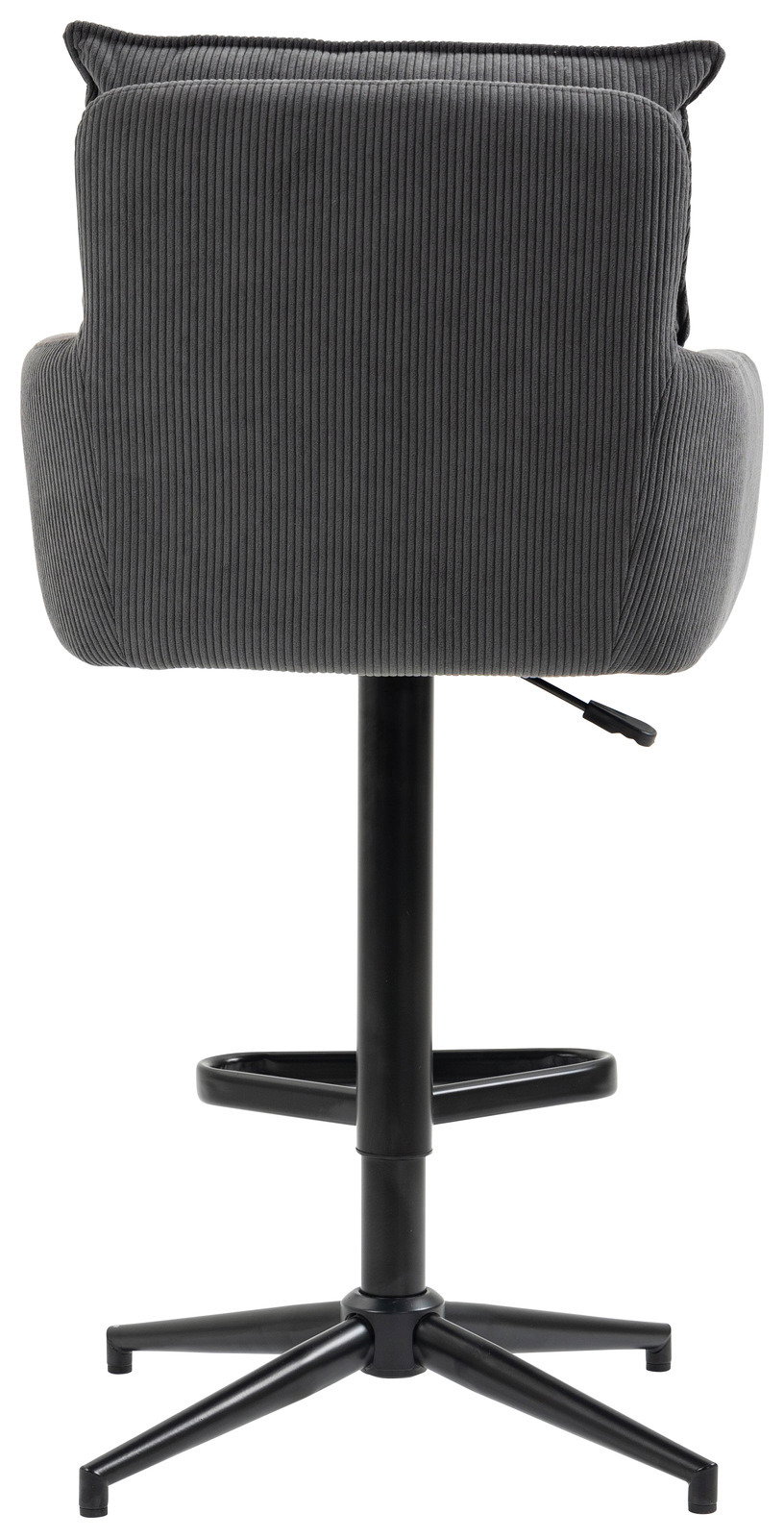 Rückansicht eines modernen Barhockers mit schwarzem Gestell und gepolsterter Rückenlehne in grauem Stoff.