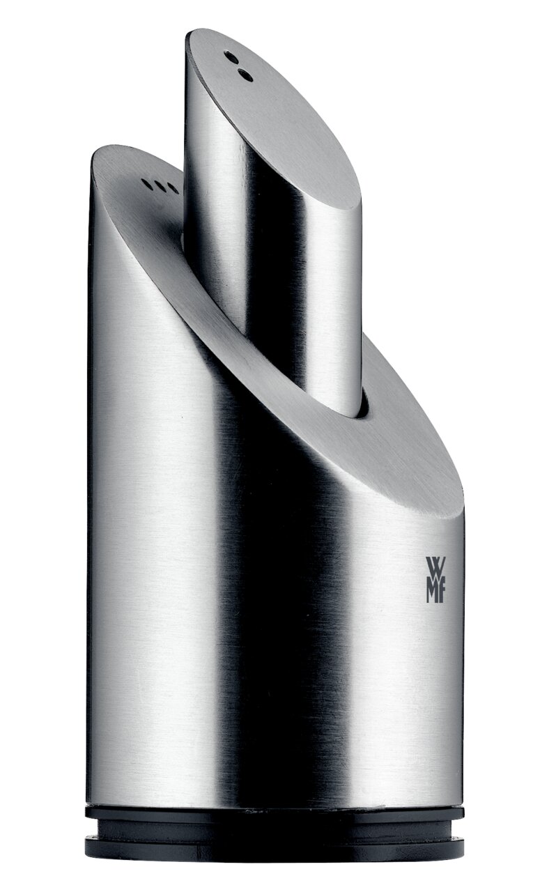 Moderner Pfeffer- und Salzstreuer aus Edelstahl, seitliche Ansicht, mit elegantem Design und WMF-Logo.