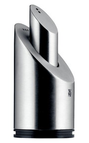 Moderner Pfeffer- und Salzstreuer aus Edelstahl, seitliche Ansicht, mit elegantem Design und WMF-Logo.