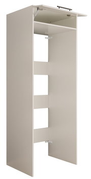 Weißer Schrankkorpus/Schrankrahmen mit geöffnetem Klappdeckel und Metallbeschlägen, freigestellt auf weißem Hintergrund, schräg von vorne links in leichter Aufsicht gezeigt.