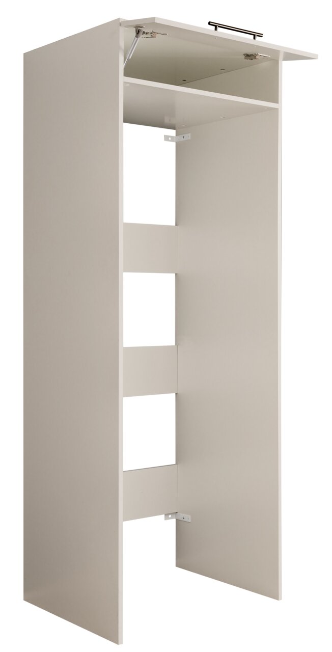 Weißer Schrankkorpus/Schrankrahmen mit geöffnetem Klappdeckel und Metallbeschlägen, freigestellt auf weißem Hintergrund, schräg von vorne links in leichter Aufsicht gezeigt.