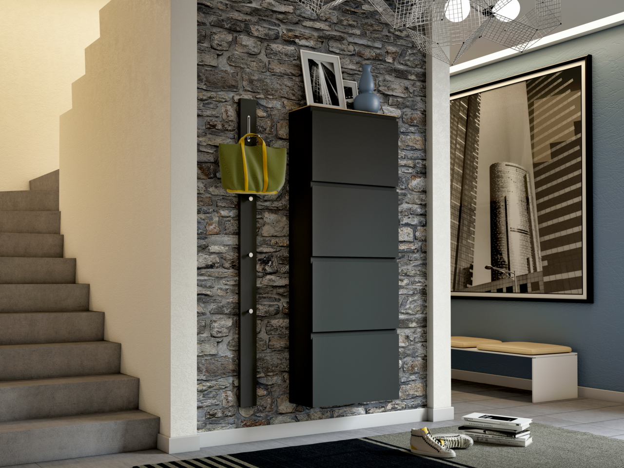 Moderano Hängeschuhschrank LECCO Moderner Hängeschuhschrank 4K-T33 in dunklem Design, an einer Steinwand montiert, mit seitlichem Blick auf eine Treppe und dekorativen Elementen.