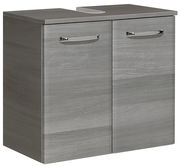 Moderner grauer Waschbeckenunterschrank mit zwei Türen und silbernen Griffen, seitliche Perspektive