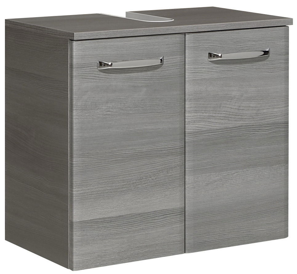 Moderner grauer Waschbeckenunterschrank mit zwei Türen und silbernen Griffen, seitliche Perspektive