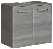 Moderner grauer Waschbeckenunterschrank mit zwei Türen und silbernen Griffen, seitliche Perspektive