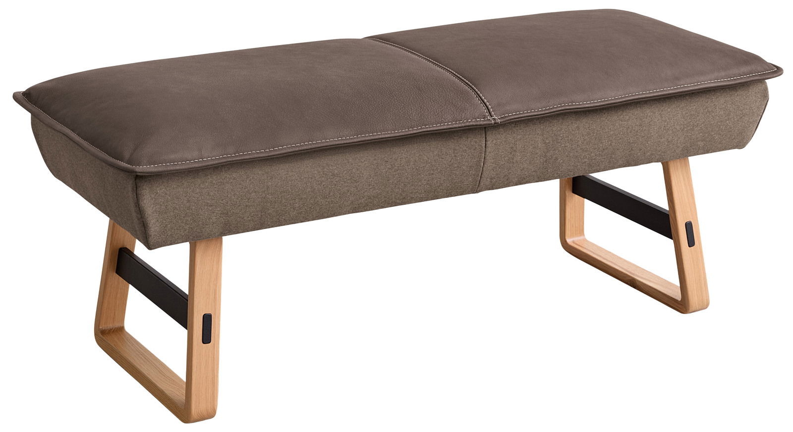 Hockerbank SOFTY in Seitenansicht mit braunem Polster und Holzbeinen