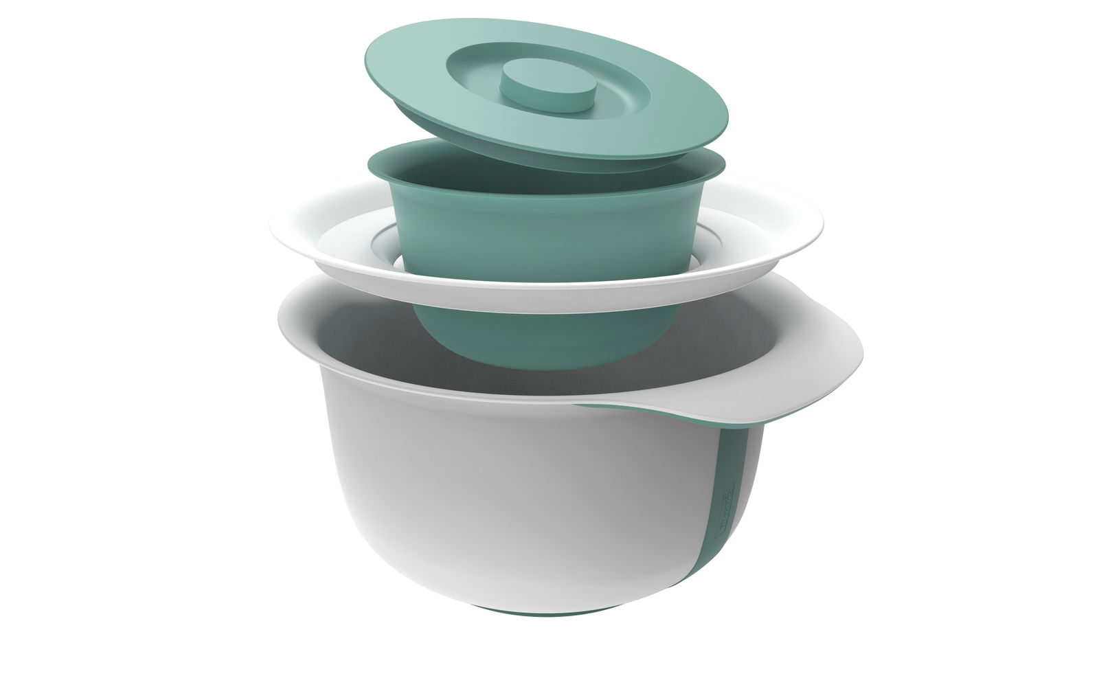 rotho Backschüssel 2-tlg. FRESH Rührschüsselset in Grün und Weiß, bestehend aus drei ineinander gestapelten Schüsseln mit Deckel, seitliche Perspektive