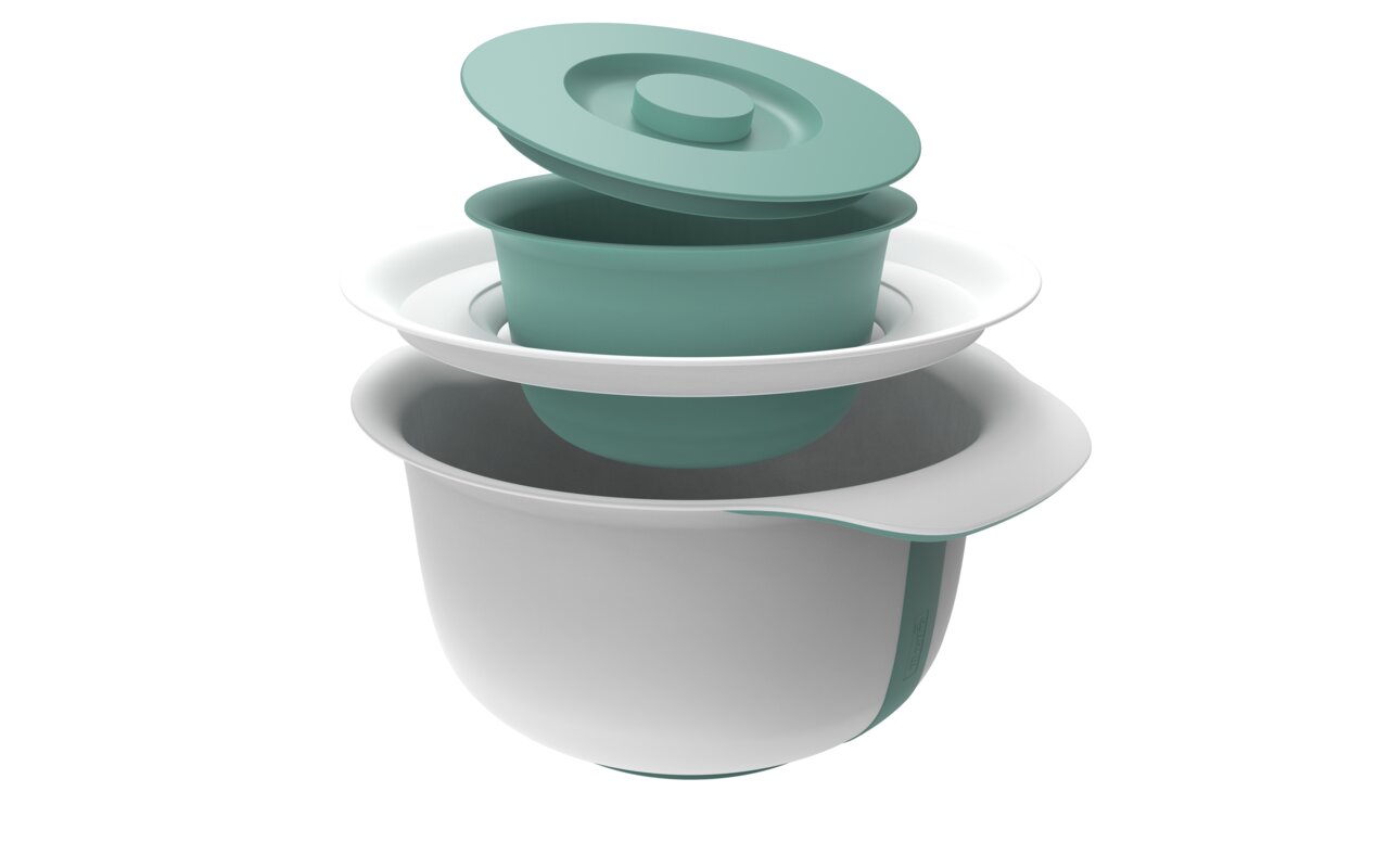 rotho Backschüssel 2-tlg. FRESH Rührschüsselset in Grün und Weiß, bestehend aus drei ineinander gestapelten Schüsseln mit Deckel, seitliche Perspektive