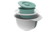 Rührschüsselset in Grün und Weiß, bestehend aus drei ineinander gestapelten Schüsseln mit Deckel, seitliche Perspektive