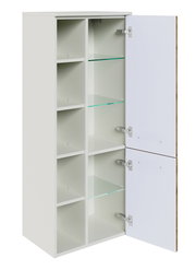 Weißer Midischrank mit offenen Türen, zeigt mehrere Regalböden aus Glas und Holz, seitliche Perspektive