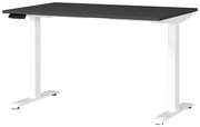 Elektrisch höhenverstellbarer Schreibtisch mit schwarzer Tischplatte und weißen Beinen, seitliche Perspektive