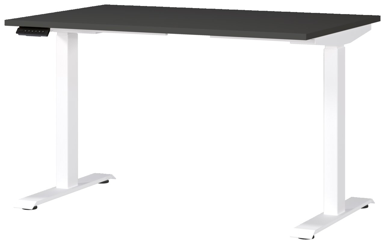 Elektrisch höhenverstellbarer Schreibtisch mit schwarzer Tischplatte und weißen Beinen, seitliche Perspektive