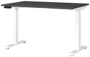 Elektrisch höhenverstellbarer Schreibtisch mit schwarzer Tischplatte und weißen Beinen, seitliche Perspektive