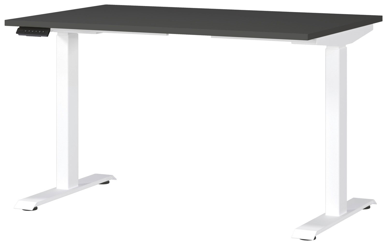 Elektrisch höhenverstellbarer Schreibtisch mit schwarzer Tischplatte und weißen Beinen, seitliche Perspektive