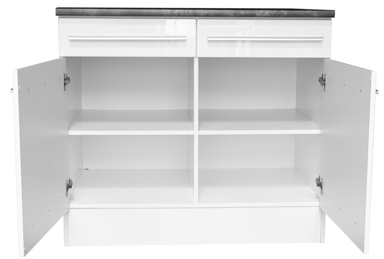 Weißer Unterschrank mit zwei Schubladen und zwei offenen Türen, frontal betrachtet.