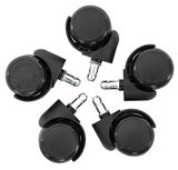 Fünf schwarze Rollen mit Metallstiften, von oben betrachtet, für Möbel oder Bürostühle geeignet.