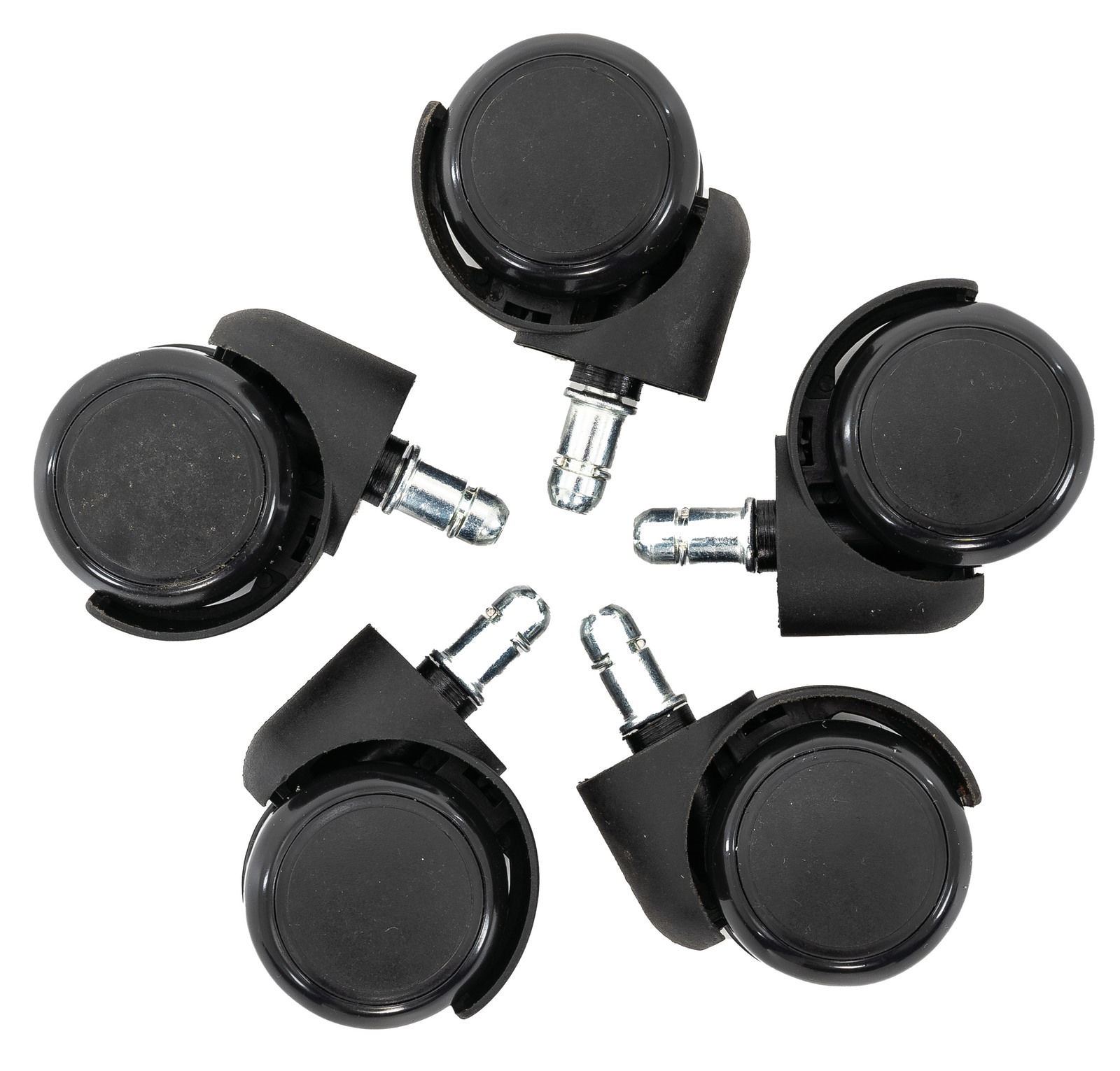 Fünf schwarze Rollen mit Metallstiften, von oben betrachtet, für Möbel oder Bürostühle geeignet.