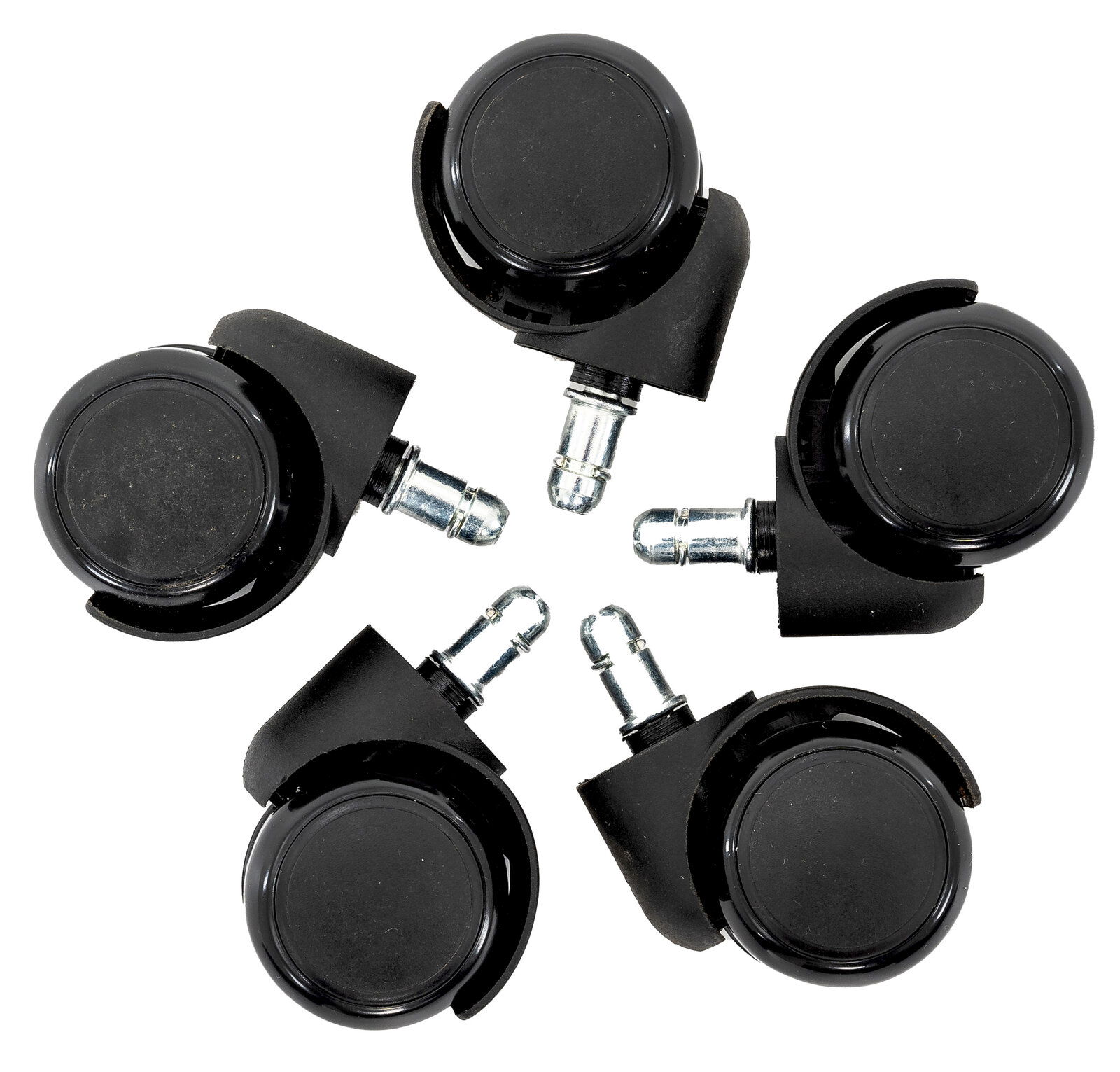 BOXXX Rollenset FILO Fünf schwarze Rollen mit Metallstiften, von oben betrachtet, für Möbel oder Bürostühle geeignet.