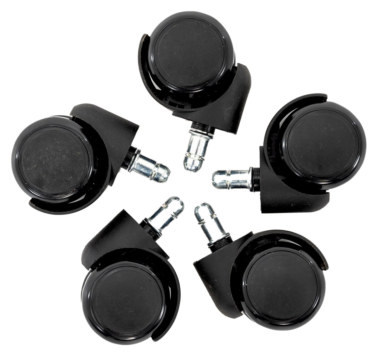 BOXXX Rollenset FILO Fünf schwarze Rollen mit Metallstiften, von oben betrachtet, für Möbel oder Bürostühle geeignet.