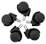Fünf schwarze Rollen mit Metallstiften, von oben betrachtet, für Möbel oder Bürostühle geeignet.