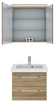 Badezimmermöbel-Set mit offenem Spiegelschrank und Waschbeckenunterschrank aus Holz, Frontalansicht