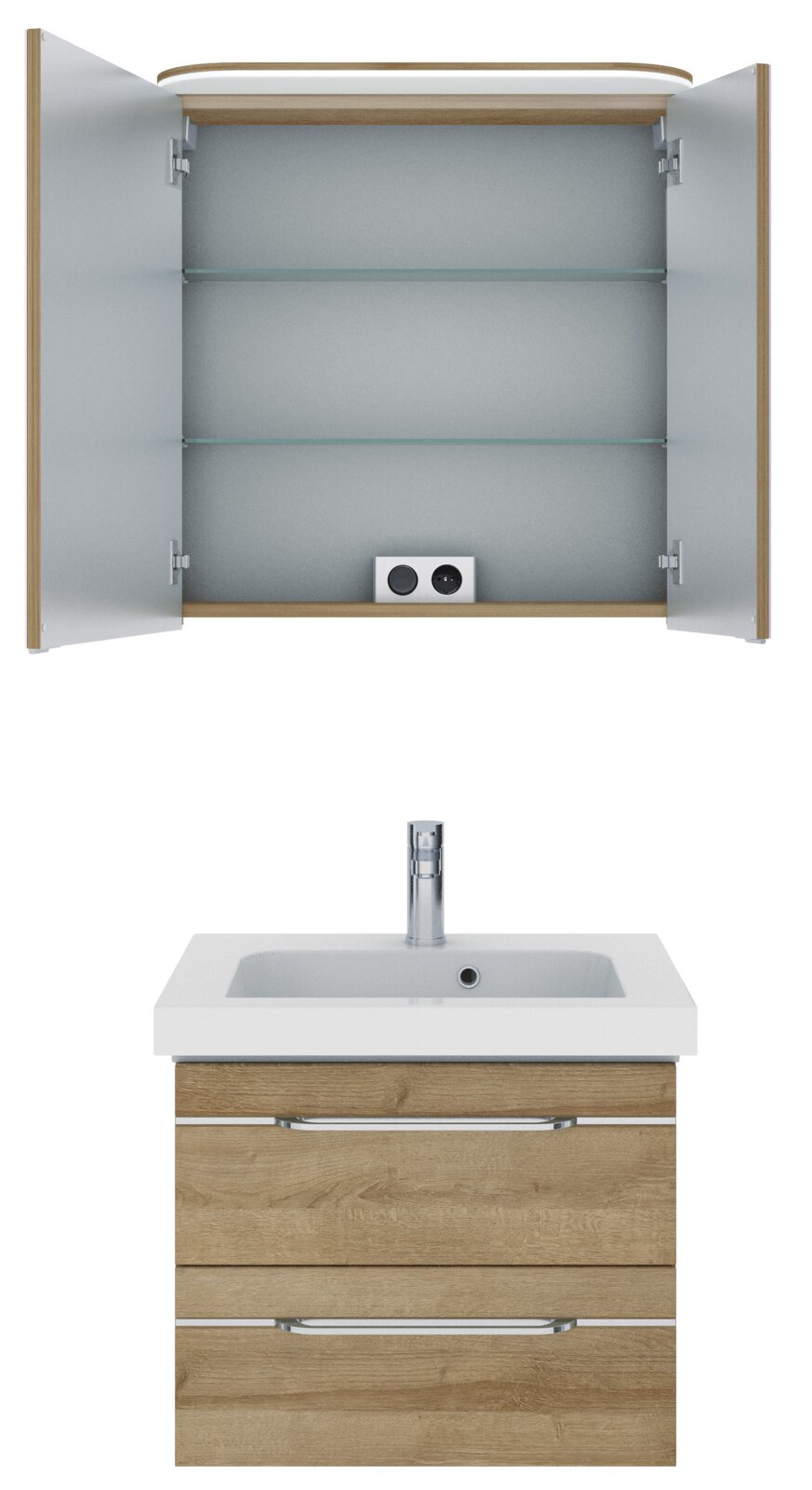 Badezimmermöbel-Set mit offenem Spiegelschrank und Waschbeckenunterschrank aus Holz, Frontalansicht