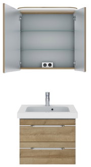 Badezimmermöbel-Set mit offenem Spiegelschrank und Waschbeckenunterschrank aus Holz, Frontalansicht