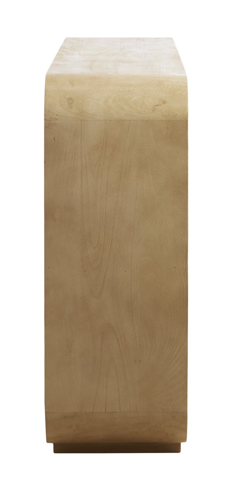 Zijaanzicht van een staande boekenkast van licht hout met een glad oppervlak.