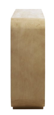 Zijaanzicht van een staande boekenkast van licht hout met een glad oppervlak.