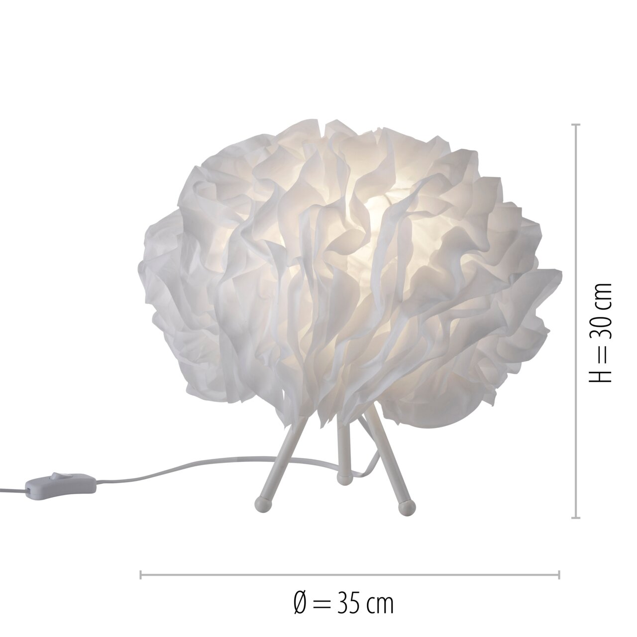 Tischleuchte LOLAsmart-NAOMI mit weißem, blütenförmigem Schirm, seitliche Perspektive, Höhe 30 cm, Durchmesser 35 cm