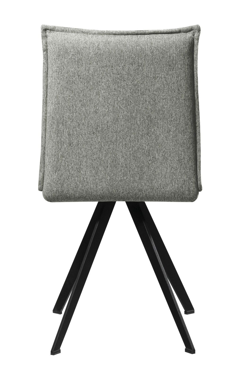 Rückansicht eines grauen Stuhls mit schwarzem Metallgestell