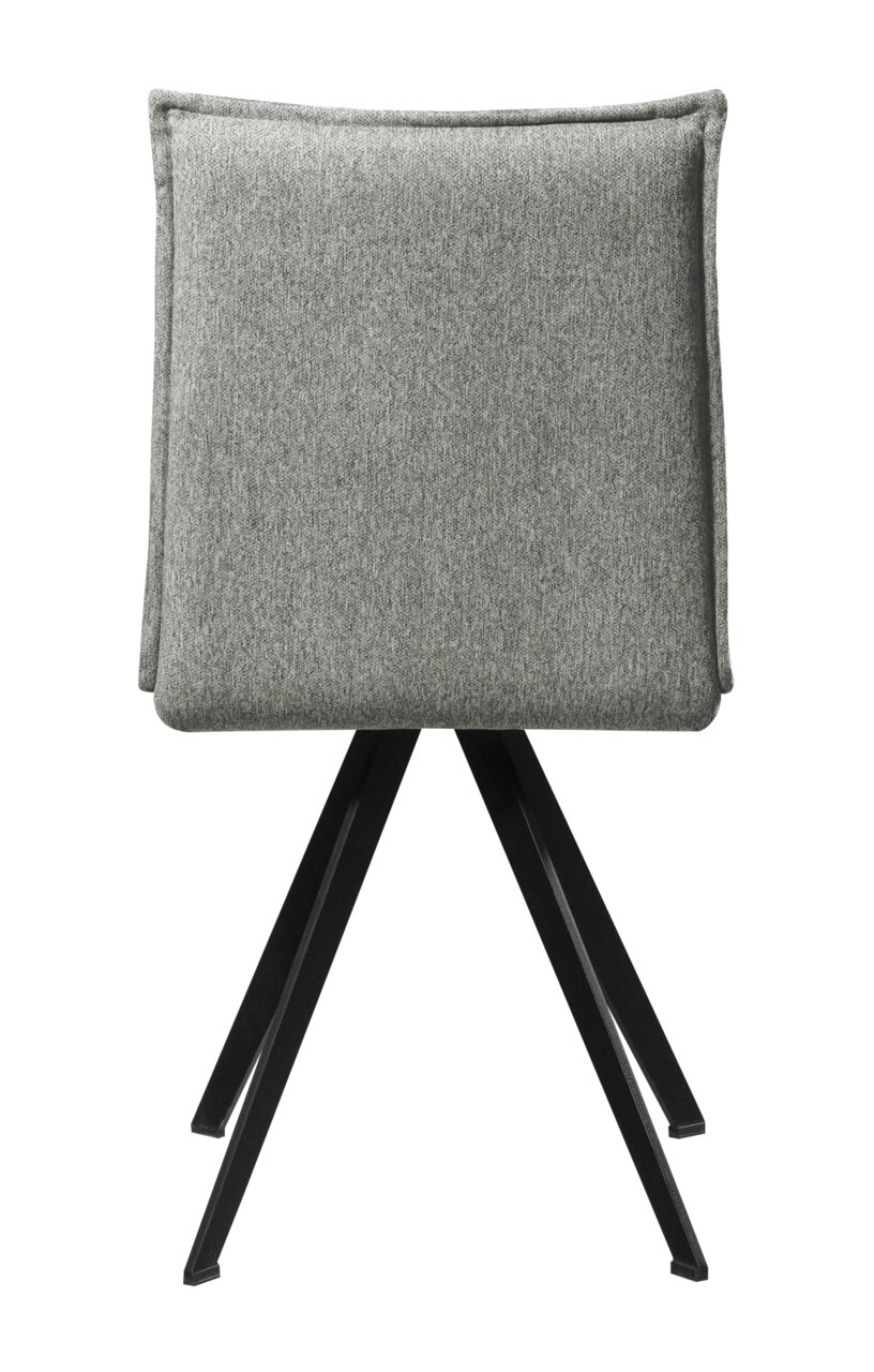 Achterkant van een grijze stoel met een zwart metalen frame