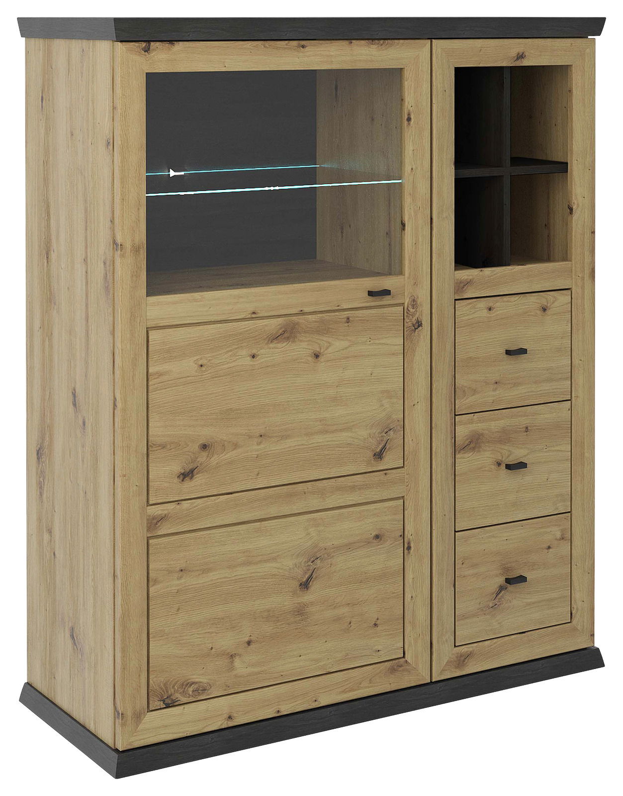 Hom´in Highboard BENTON Hochwertiges Highboard aus Holz mit Glasvitrine und Schubladen, seitliche Perspektive