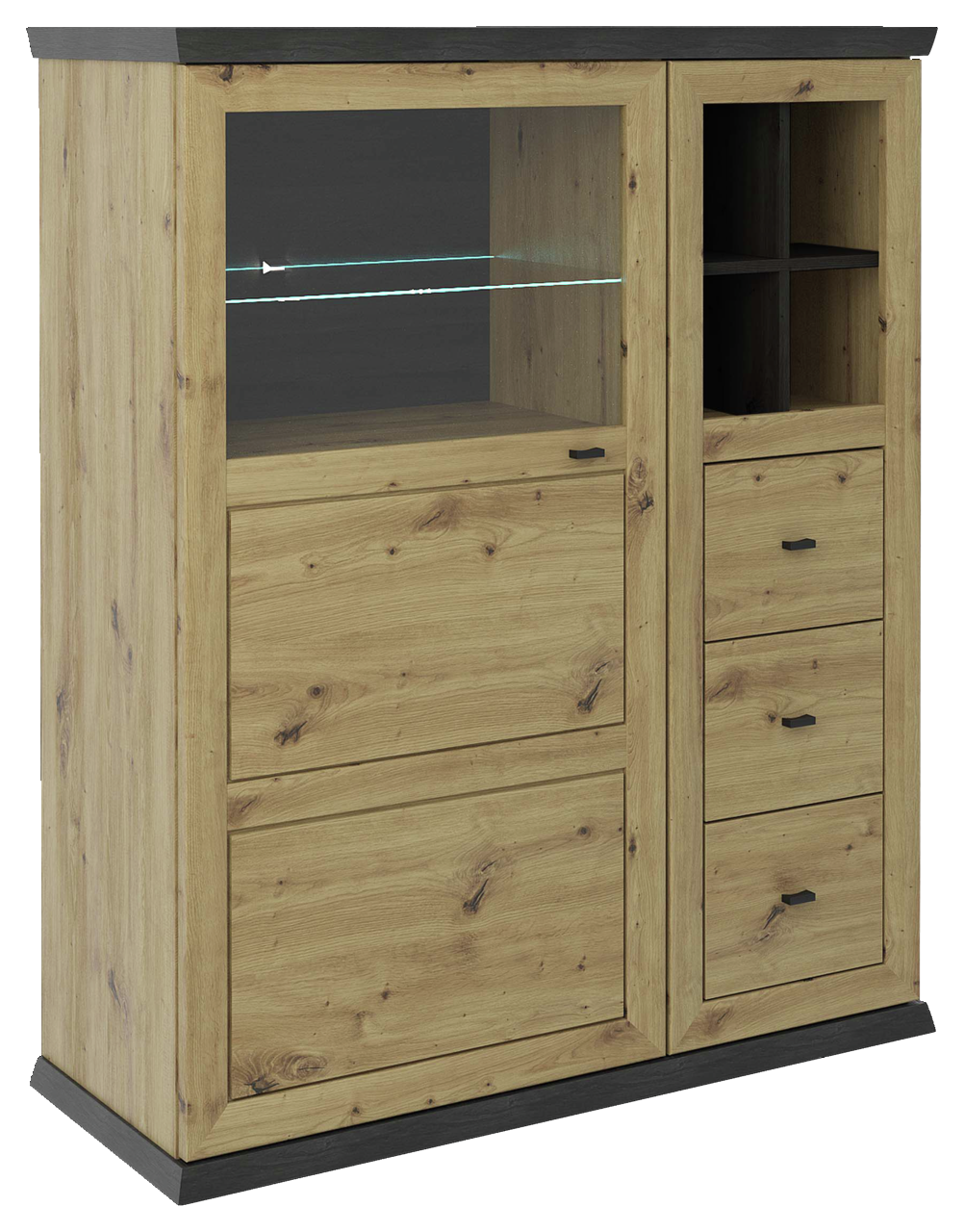 Hom´in Highboard BENTON Hochwertiges Highboard aus Holz mit Glasvitrine und Schubladen, seitliche Perspektive