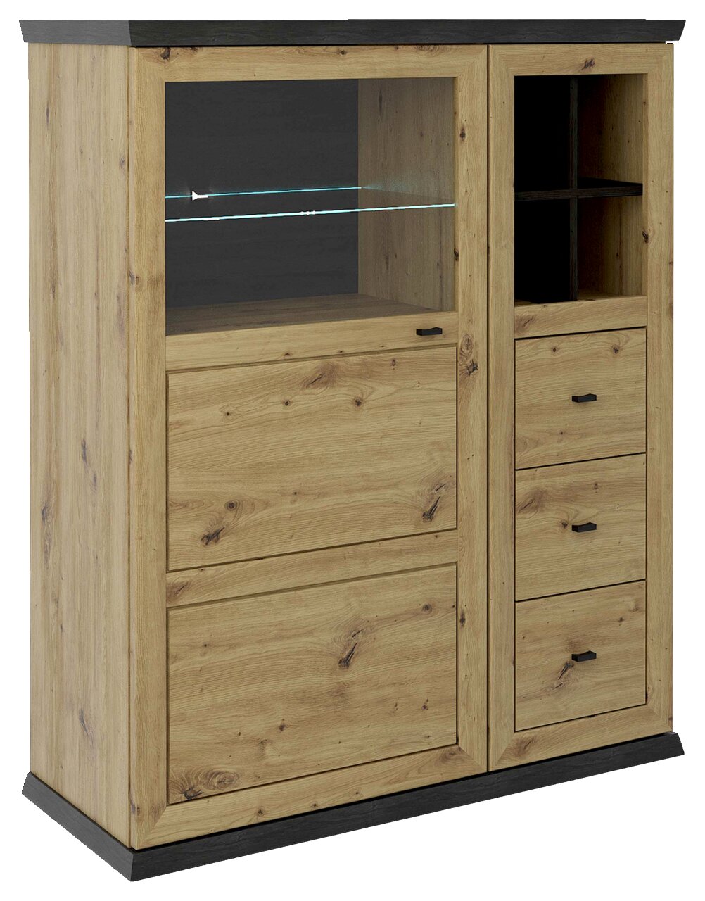 Hom´in Hoog dressoir BENTON Hoogwaardig houten hoogkast met glazen vitrine en lades, zijaanzicht