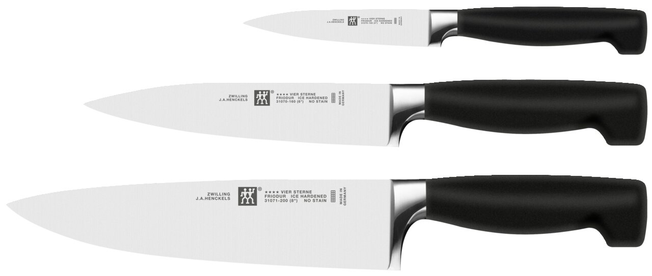 ZWILLING Vier-sterren messenset, 3-delig Dreiteiliges Messerset der Marke Zwilling aus der 4-Sterne-Serie, bestehend aus drei Messern mit schwarzen Griffen und Edelstahlklingen, seitliche Ansicht.