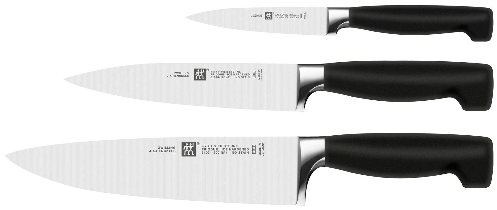 Dreiteiliges Messerset der Marke Zwilling aus der 4-Sterne-Serie, bestehend aus drei Messern mit schwarzen Griffen und Edelstahlklingen, seitliche Ansicht.