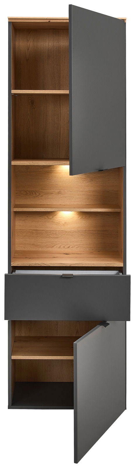 Vitrine mit geöffneten Türen und Schublade, aus Holz mit grauer Front, frontal betrachtet.