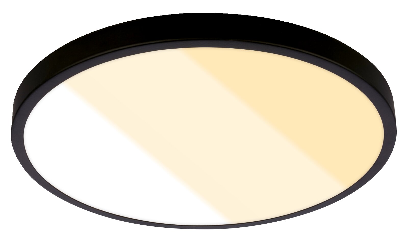 Briloner LED-plafondlamp SHINE Ronde zwarte LED-plafondlamp met tweekleurige lichtzone (warmwit en neutraalwit), productfoto in licht schuin onderaanzicht tegen witte achtergrond