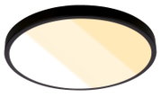 Ronde zwarte LED-plafondlamp met tweekleurige lichtzone (warmwit en neutraalwit), productfoto in licht schuin onderaanzicht tegen witte achtergrond