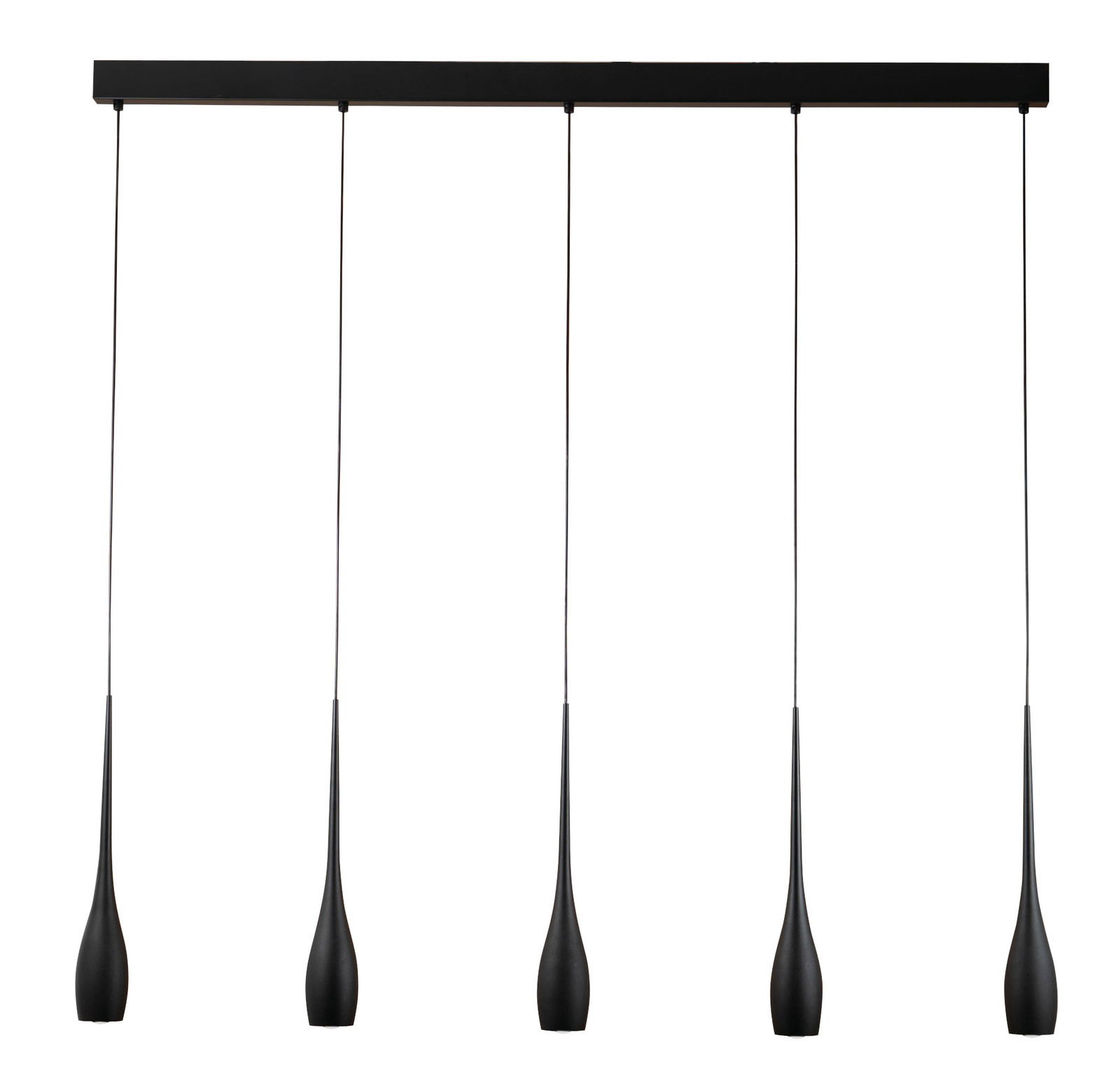 Fabas Luce LED-Pendelleuchte COCO Moderne LED-Pendelleuchte mit fünf schwarzen, tropfenförmigen Lampenschirmen, frontale Ansicht