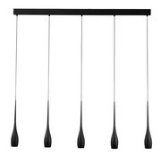Moderne LED-Pendelleuchte mit fünf schwarzen, tropfenförmigen Lampenschirmen, frontale Ansicht