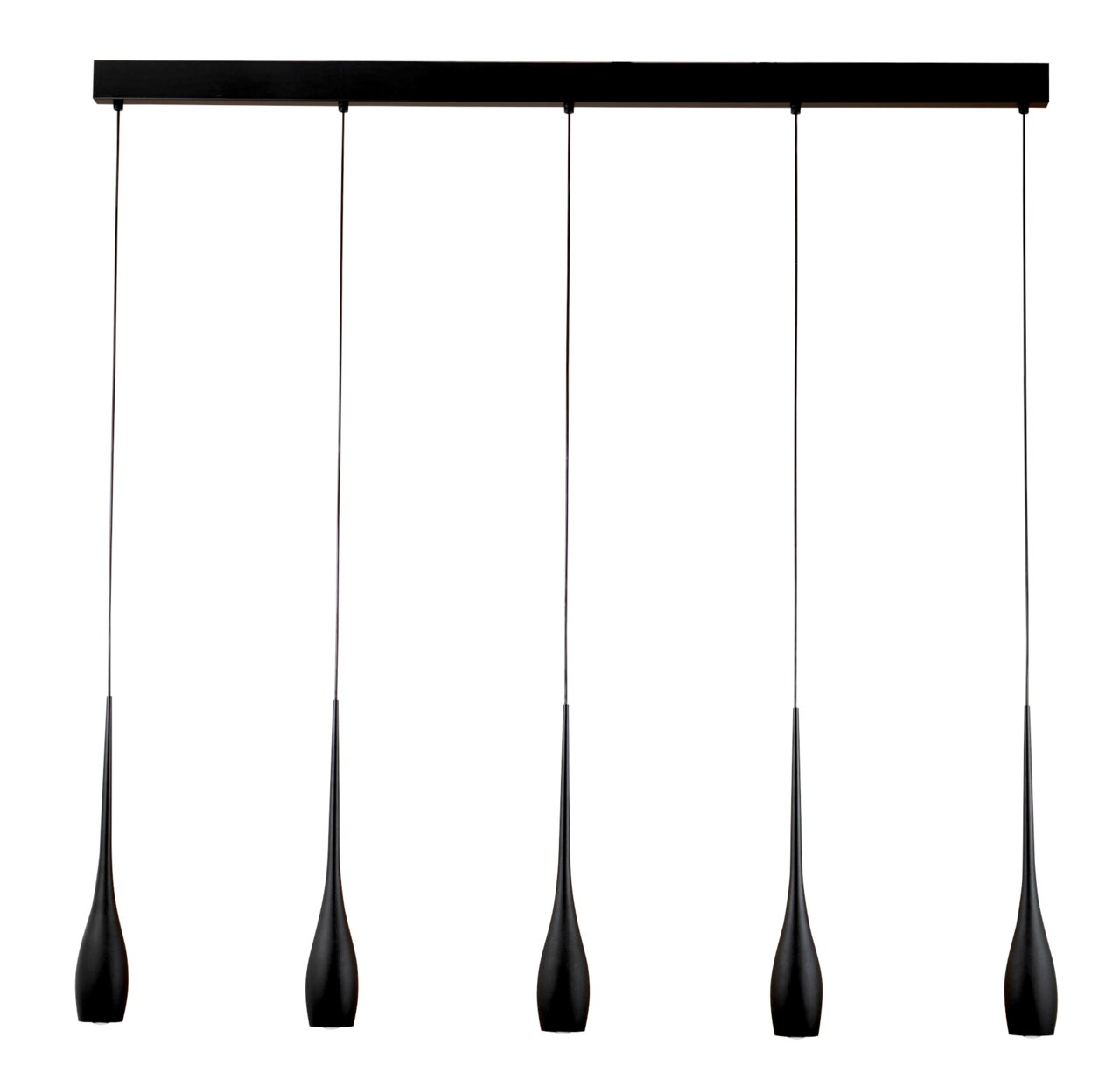 Fabas Luce LED-hanglamp COCO Moderne LED-Pendelleuchte mit fünf schwarzen, tropfenförmigen Lampenschirmen, frontale Ansicht