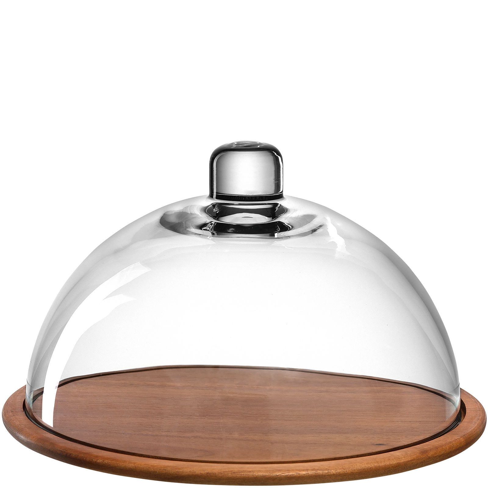Holzkäseplatte mit Glasglocke, seitliche Perspektive